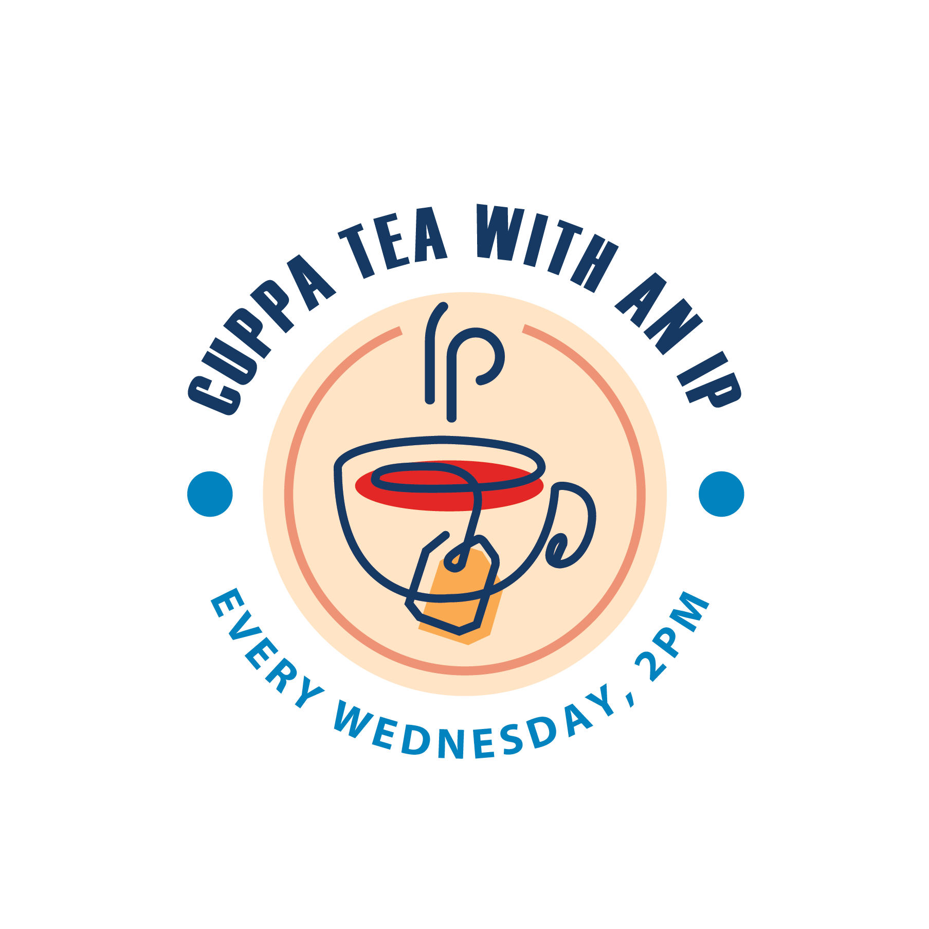 Cuppa Tea with an IP Promo Logo. Image of tea cup and text stating it is every Wednesday at 2:00 PM.