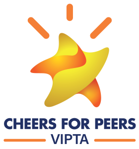 Cheers for Peers Icon - Orange and yellow star over dark blue text