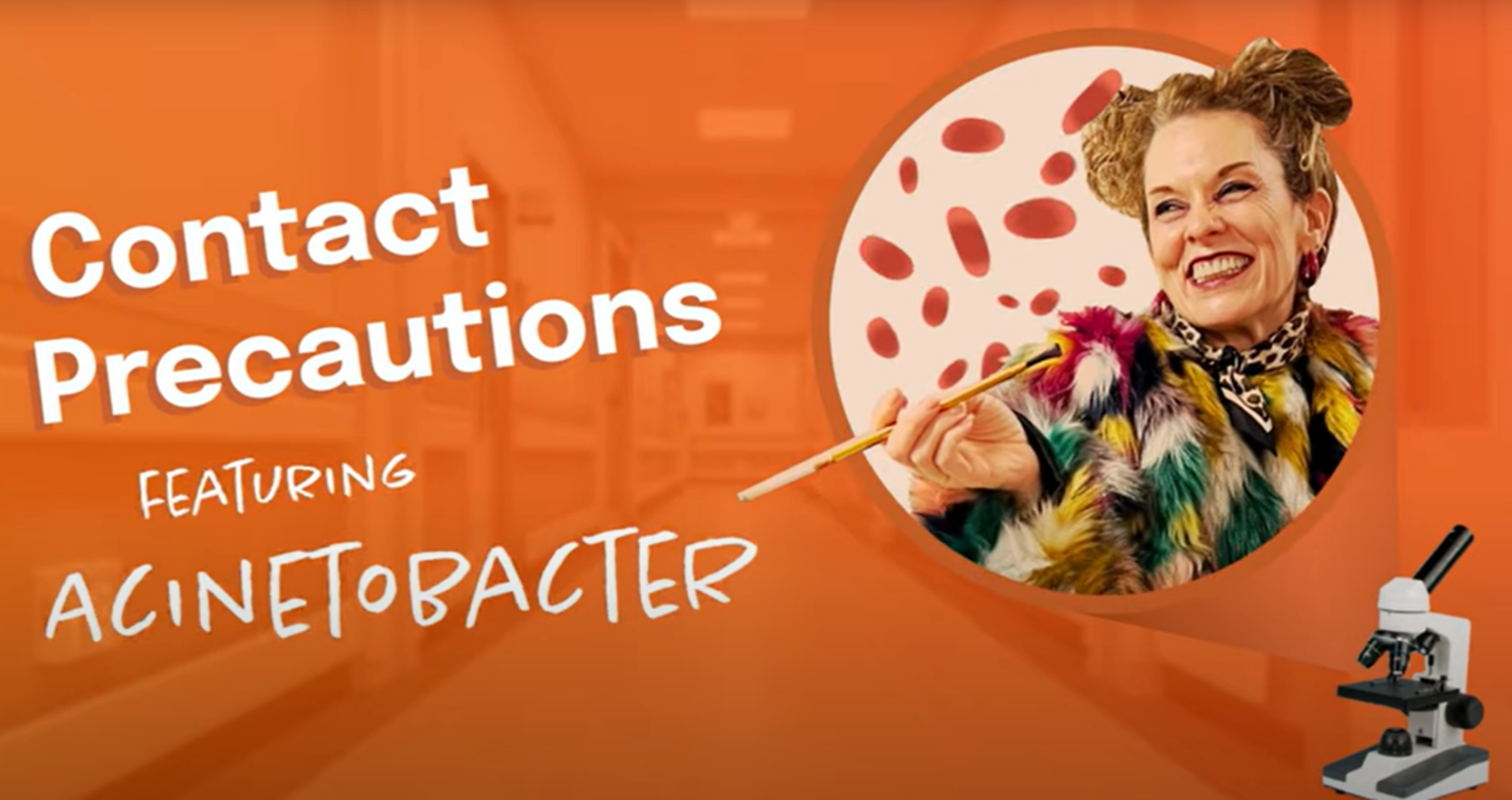Contact Precautions Featuring Acinetobacter Promotional Image with Smiling Woman and Microscope