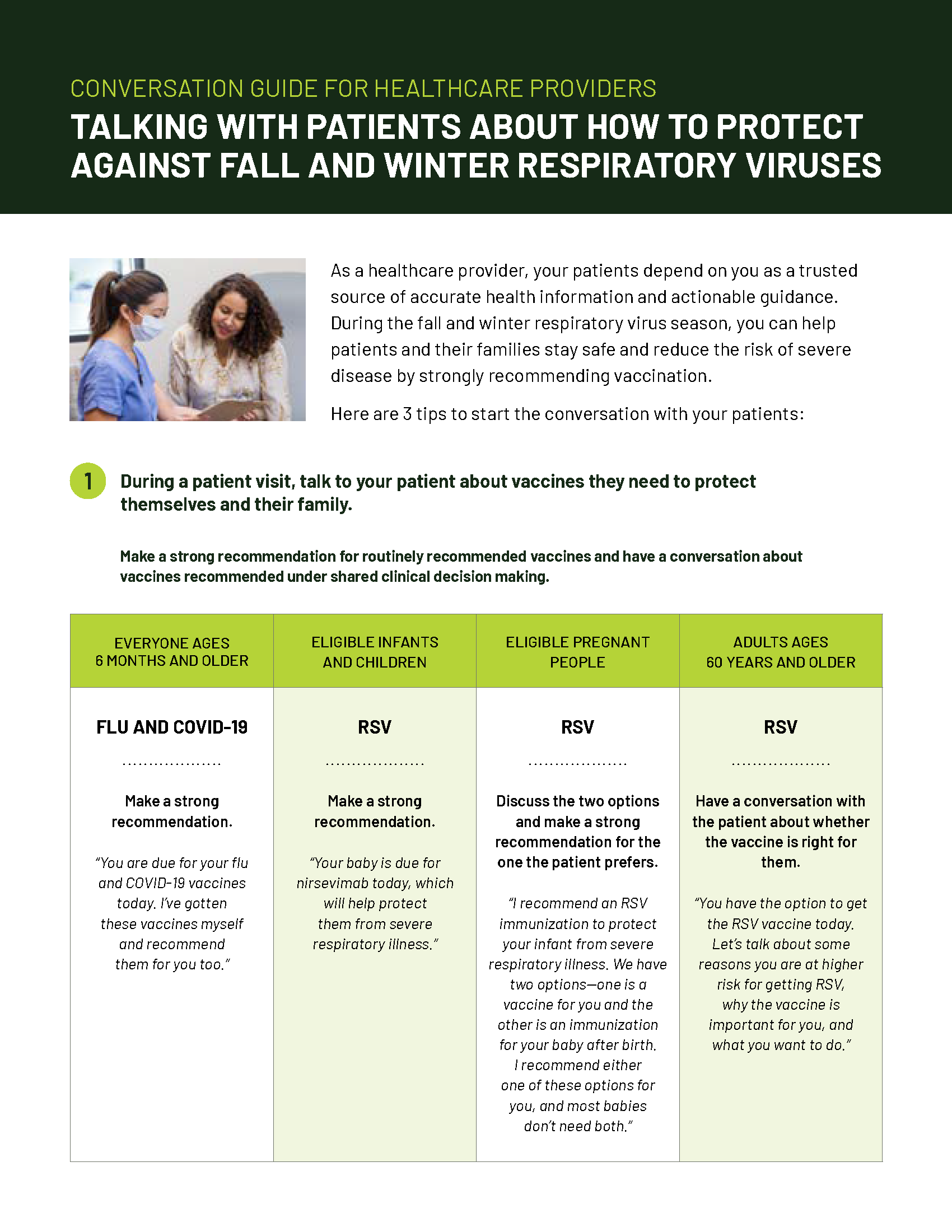 Image of the first page of the CDC Conversation Guide for Healthcare Providers. Talking with Patients about How to Protect Against Fall and Winter Respiratory Viruses.