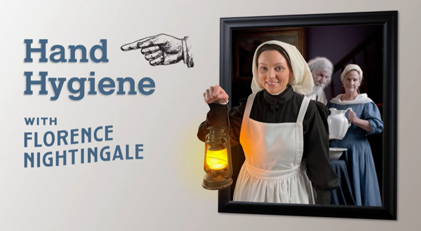 Hand Hygiene with Florence Nightingale. Image of woman emerging from photo frame.
