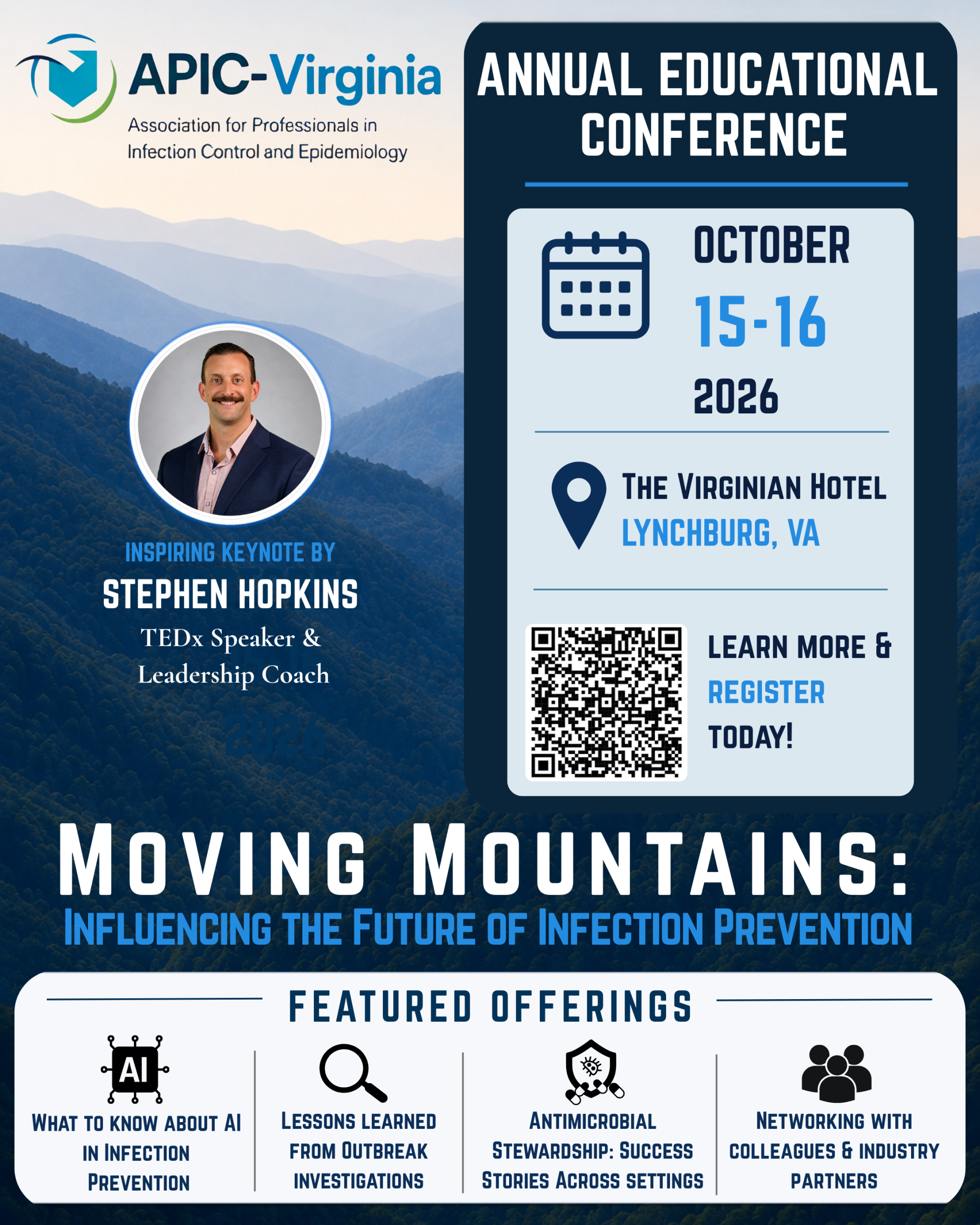 Conference promotional flyer including dates, location, topics, and speaker information.