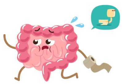 Humorous image of intestines running for the bathroom