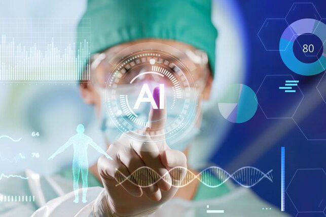 Decorative image that includes a healthcare worker and the acronym 'AI'