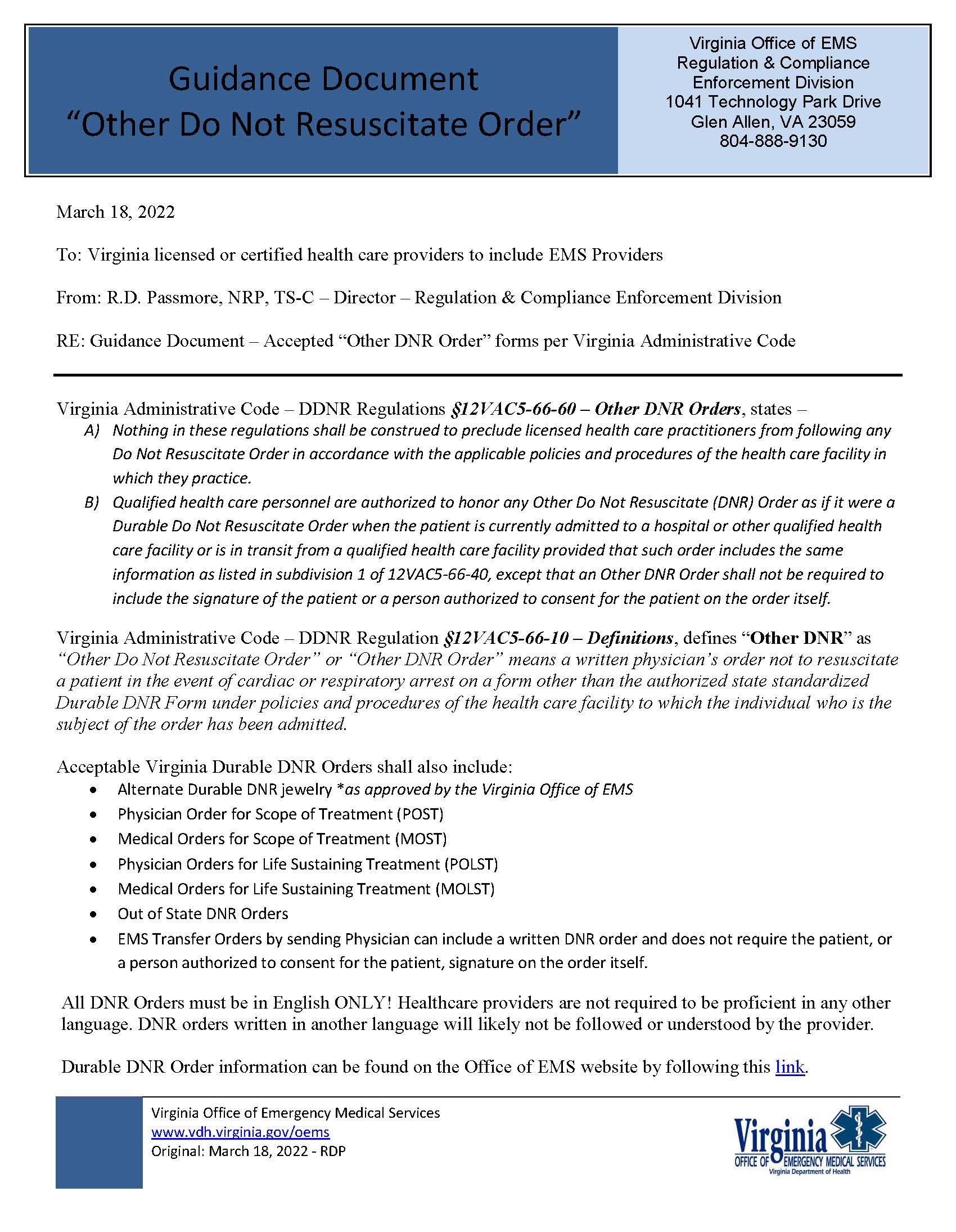 Guidance Document "Other Do Not Resuscitate Order" Emergency