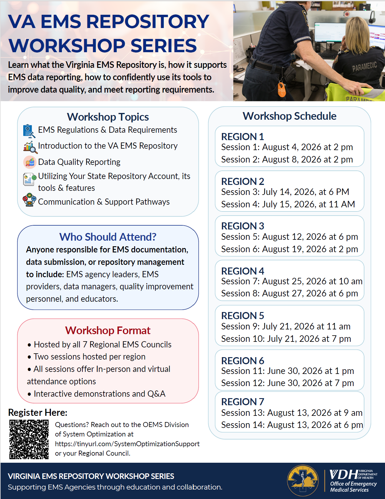 Virginia EMS repository Workshop series with dates listed for each region
