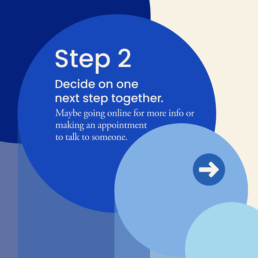 Step 2: Decide on one next step together. Maybe going online for more info or making an appointment to talk to someone.