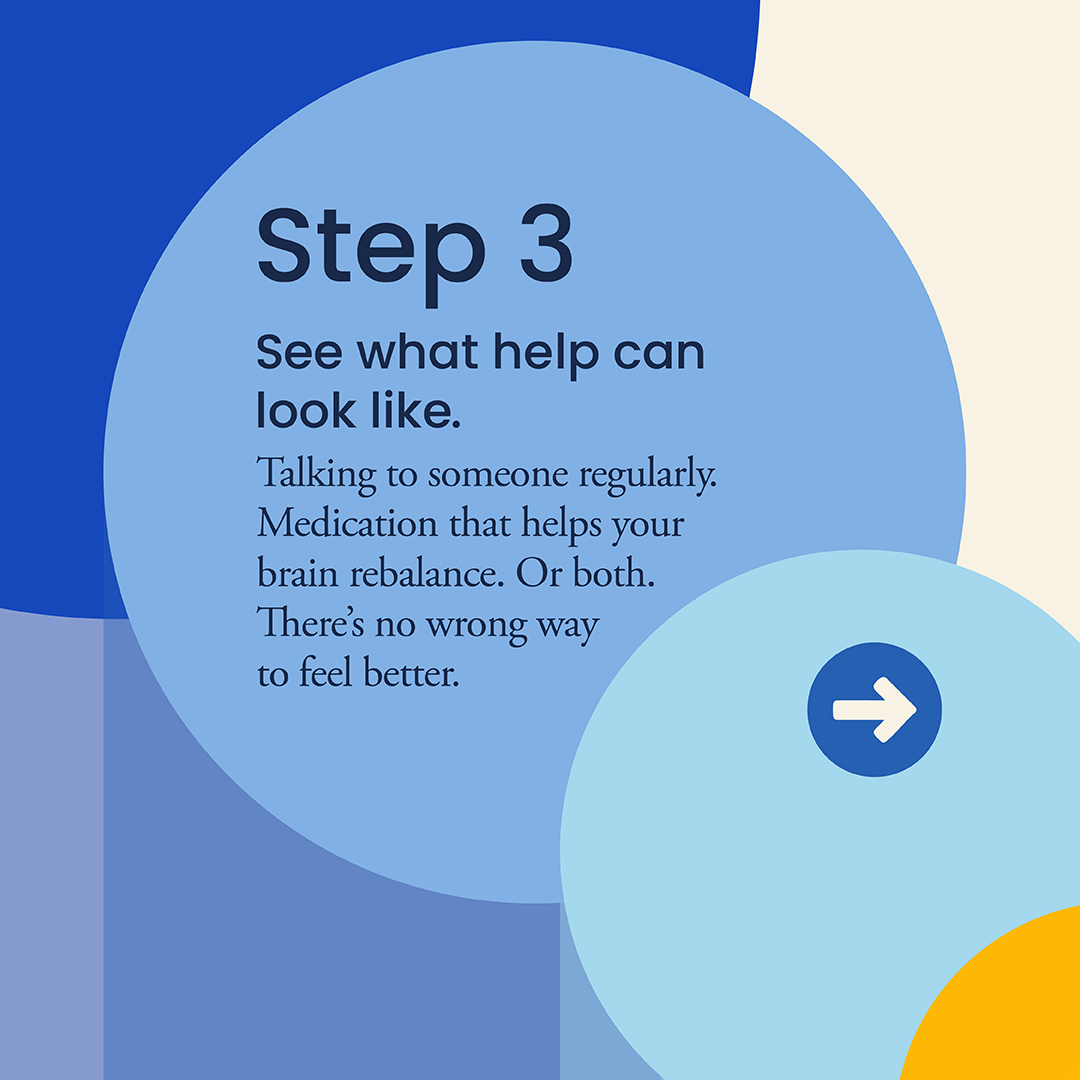 Step 3: See what help can look like. Talking to someone regularly. Medication that helps your brain rebalance. Or both. There's no wrong way to feel better.