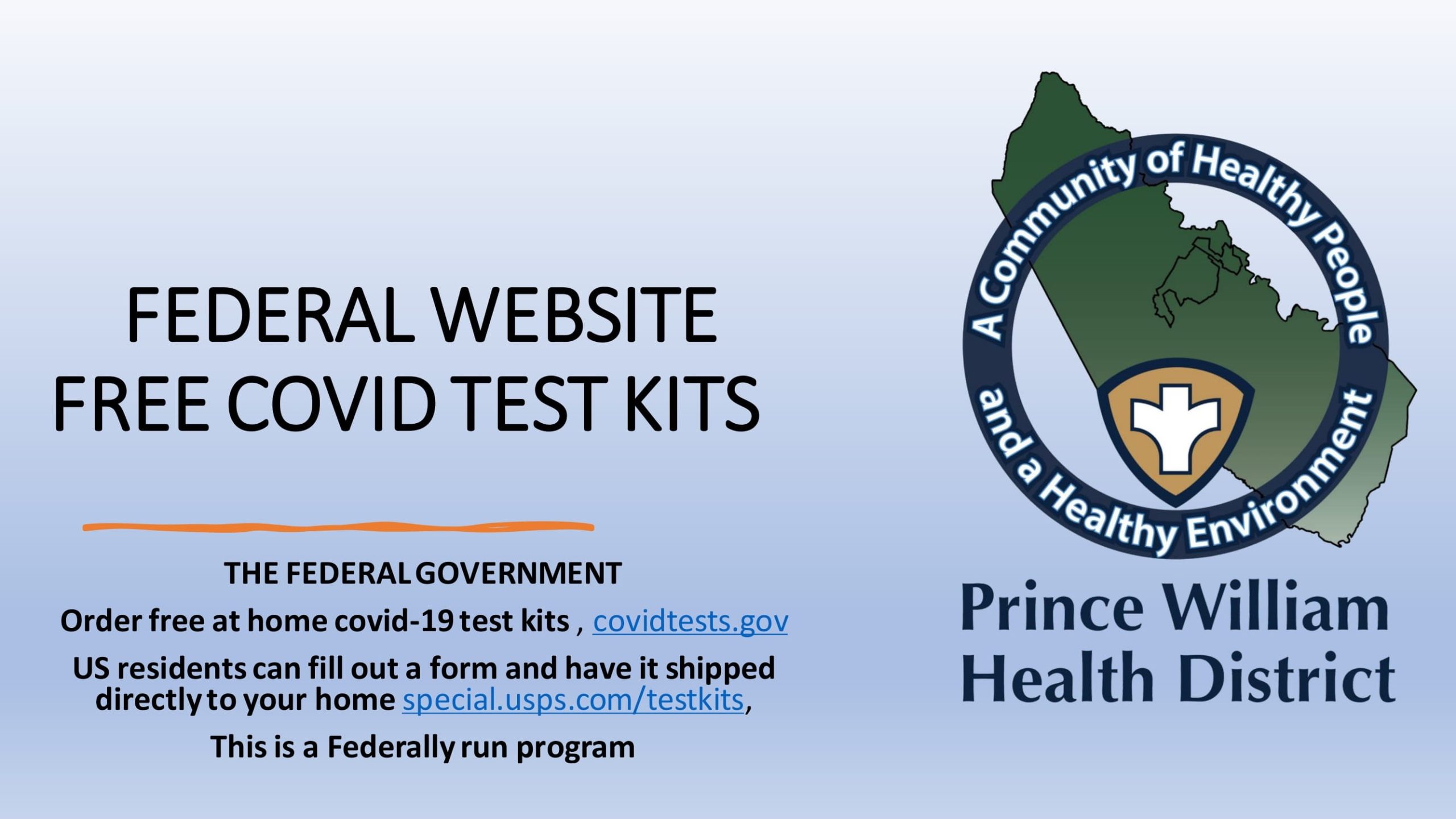 Flyer about federal government's website for free at home covid-19 covid test kits at covidtests.gov. US residents can fill out form to have tests shipped to home at special.usps.com/testkits