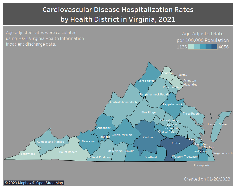 Map of Cardio Disease Hospital Rates in Virginia Health Districts 2021
