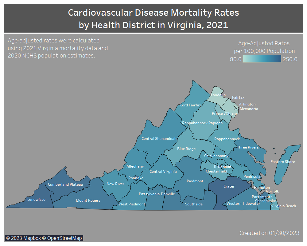 Map of Cardio Disease Mortality Rates in Virginia Health Districts 2021