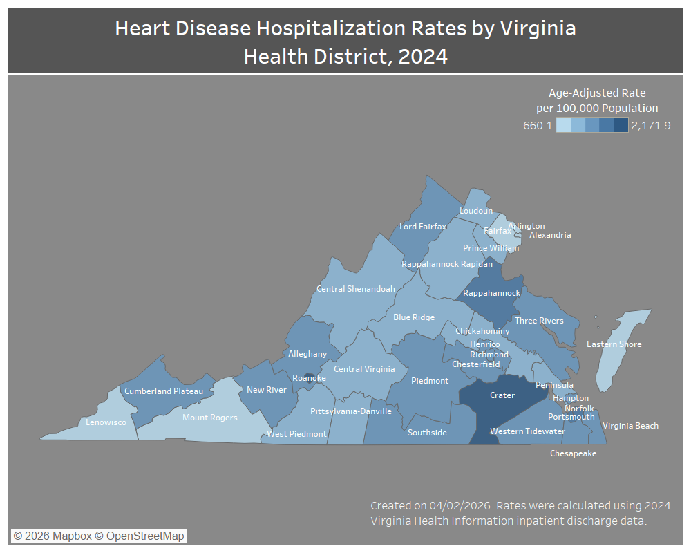 Map of Heart Disease Hospitalization Rates in Virginia Health Districts 2024