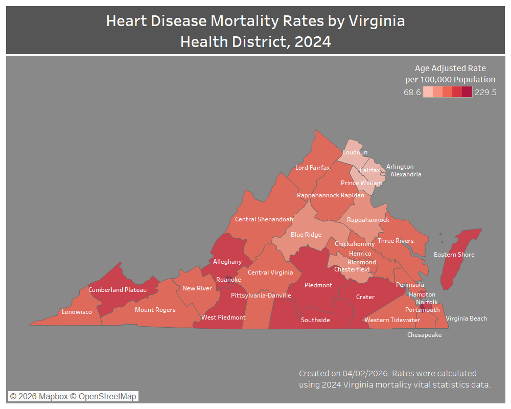 Map of Heart Disease Mortality Rates in Virginia Health Districts 2024