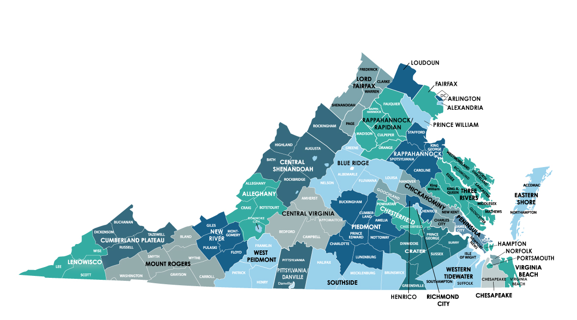 Virginia Map with Counties and Health Districts