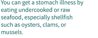 You can get a stomach illness by eating undercooked or raw seafood, especially shellfish such as oysters, clams, or mussels.
