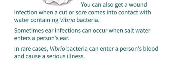 You can also get a wound infection when a cut or sore comes into contact with water containing Vibrio bacteria.