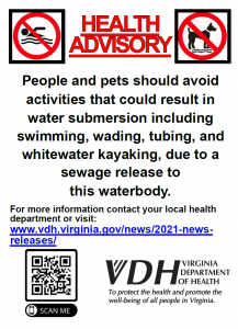 Sign warning not to go in water due to health threat/