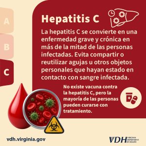 La hepatitis C se convierte en una enfermedad grave y crónica en más de la mitad de las personas infectadas. Evita compartir o reutilizar agujas u otros objetos personales que hayan estado en contacto con sangre infectada. No existe vacuna contra la hepatitis C, pero la mayoría de las personas pueden curarse con tratamiento. 