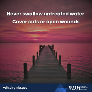 이미지: 바다에 들어가는 의사; 텍스트: 처리되지 않은 물을 삼키거나, 상처를 덮거나, 열린 상처를 덮지 마세요.