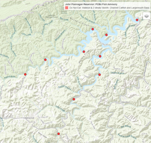 Map of the fish consumption advisory for the Flannigan Reservoir