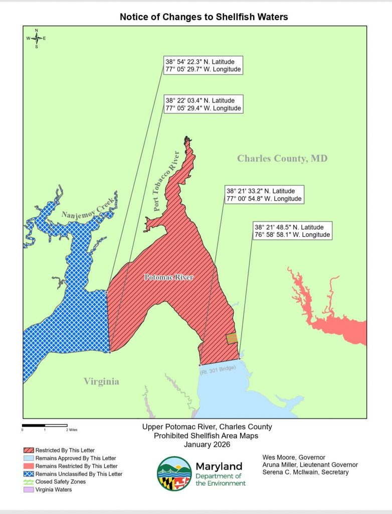 El MDE, en respuesta al derrame, emitió el cierre de las zonas de cultivo de moluscos de Maryland el 25 de enero desde el lugar del vertido hasta el puente Harry W. Nice (Dahlgren) (Ruta 301). Este cierre incluye el río Potomac desde el condado de Charles y las zonas limítrofes con Virginia, extender desde la región del río Port Tobacco hasta el puente Harry W. Nice (Dahlgren) (Ruta 301). Por el momento, MDE y VDH no tienen evidencia de que los recursos de mariscos fuera del área de cierre de emergencia definida se vieron afectados.
