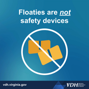 이미지: 사용 금지 기호가 있는 수영용 부표; 텍스트: 플로티는 안전 장치가 아닙니다.