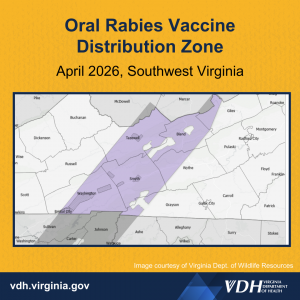 April 2026 Oral Rabies Vaccination Distribution Zone - in Southwest Virginia: Washington, Tazewell, Smyth, Wythe, Giles, Russell, Bristol City