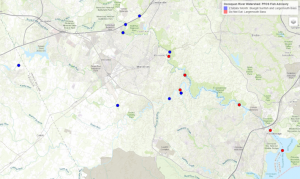 A map showing the area of the fish consumption advisory for the Occoquan Watershed. The blue icons signify the locations where a two meals/months fish consumption advisory is in place for the bluegill sunfish and largemouth bass. Whereas the red icons signify where a Do Not Eat fish consumption advisory is in place for the largemouth bass.