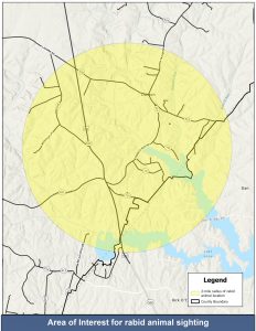 Map shows area where rabid skunk was found. The area is in the vicinity of Zachary Taylor Highway and Terrys Run Road in Orange.