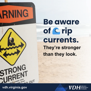 이미지: 해변의 강한 조류에 대한 경고 표시; 텍스트: 이안류에 주의하세요. 보기보다 강합니다.