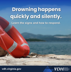 이미지: 구명조끼, 텍스트: 익사는 빠르고 조용하게 일어납니다. 징후와 대응 방법을 알아보세요.