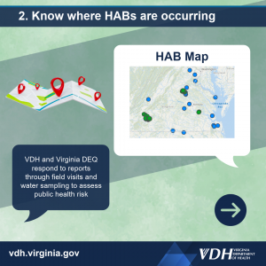 유해 조류가 발생하는 곳을 파악하세요. VDH와 Virginia DEQ는 공중 보건 위험을 평가하기 위해 현장 방문 및 물 샘플링을 통해 보고서에 대응합니다.