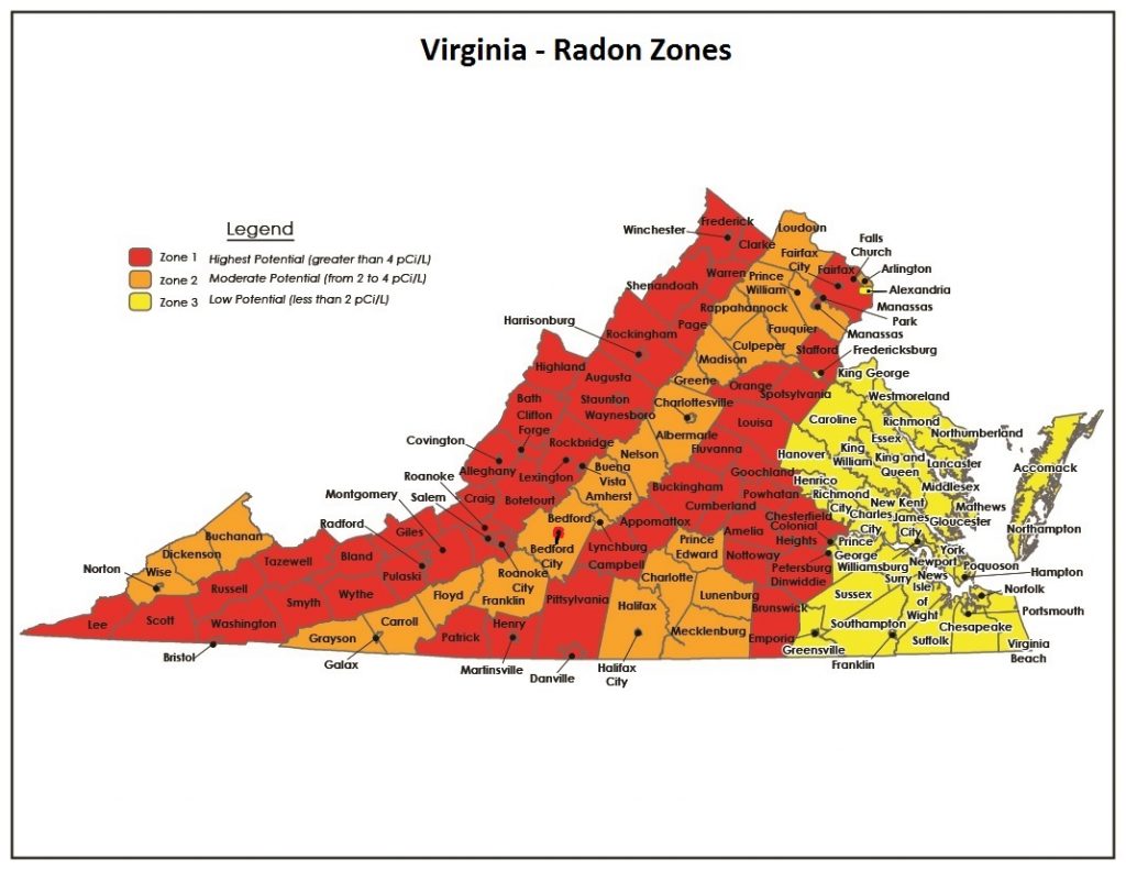Virginia's radon risk map developed by the E.P.A. in 1993.
