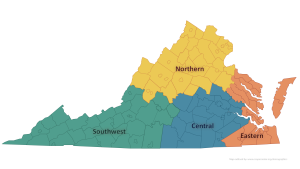 Regional map of Virginia for Virginia Healthcare Emergency Management Program 