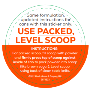 Image of the sticker that appears on infant formula cans with updated scooping instructions.  The updated instructions listed on the image are included in a paragraph under the "Updated Scooping Instructions for PurAmino Infant Formula" heading.