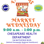 Farmers Market flyer, Wednesday, 9AM to 1PM, Chesapeake Health Department, 748 Battlefield Blvd N, Chesapeake, Virginia 23320, Behind Chesapeake Regional Healthcare.