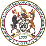 Một con dấu tròn có hình sư tử, ngựa và khiên màu vàng, đỏ và xanh lá cây.