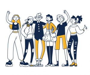 A drawing of six teens waving and smiling.