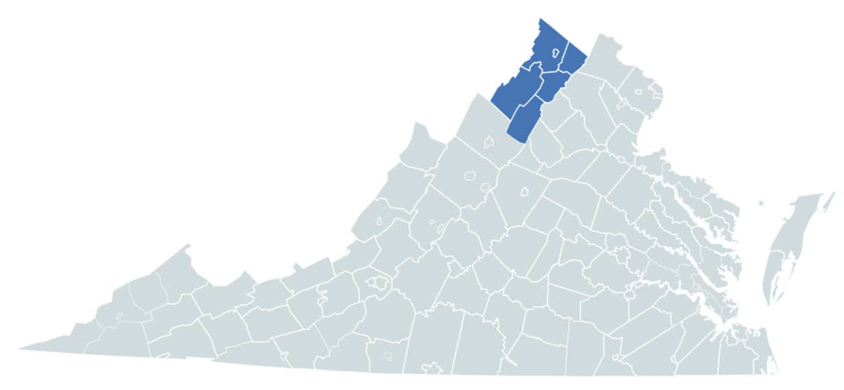 A grey map of Virginia with the five counties of the LFHD highlighted in blue. The highlighted counties appear in the northwest corner of Virginia.