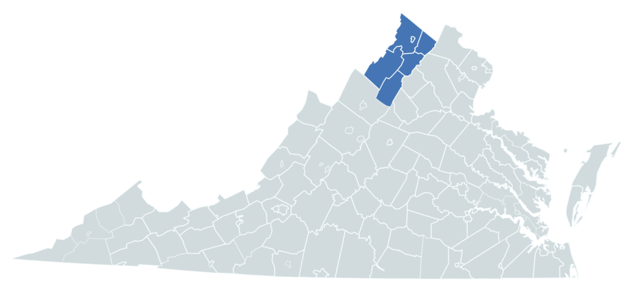 A grey map of Virginia with the five counties of the LFHD colored in blue. The highlighted counties appear in the northwest corner of Virginia.