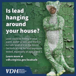 Picture of man in alligator costume with warning about lead in paint.